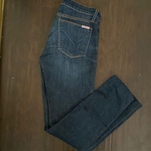 Hudson jeans, in between skinny and straight.